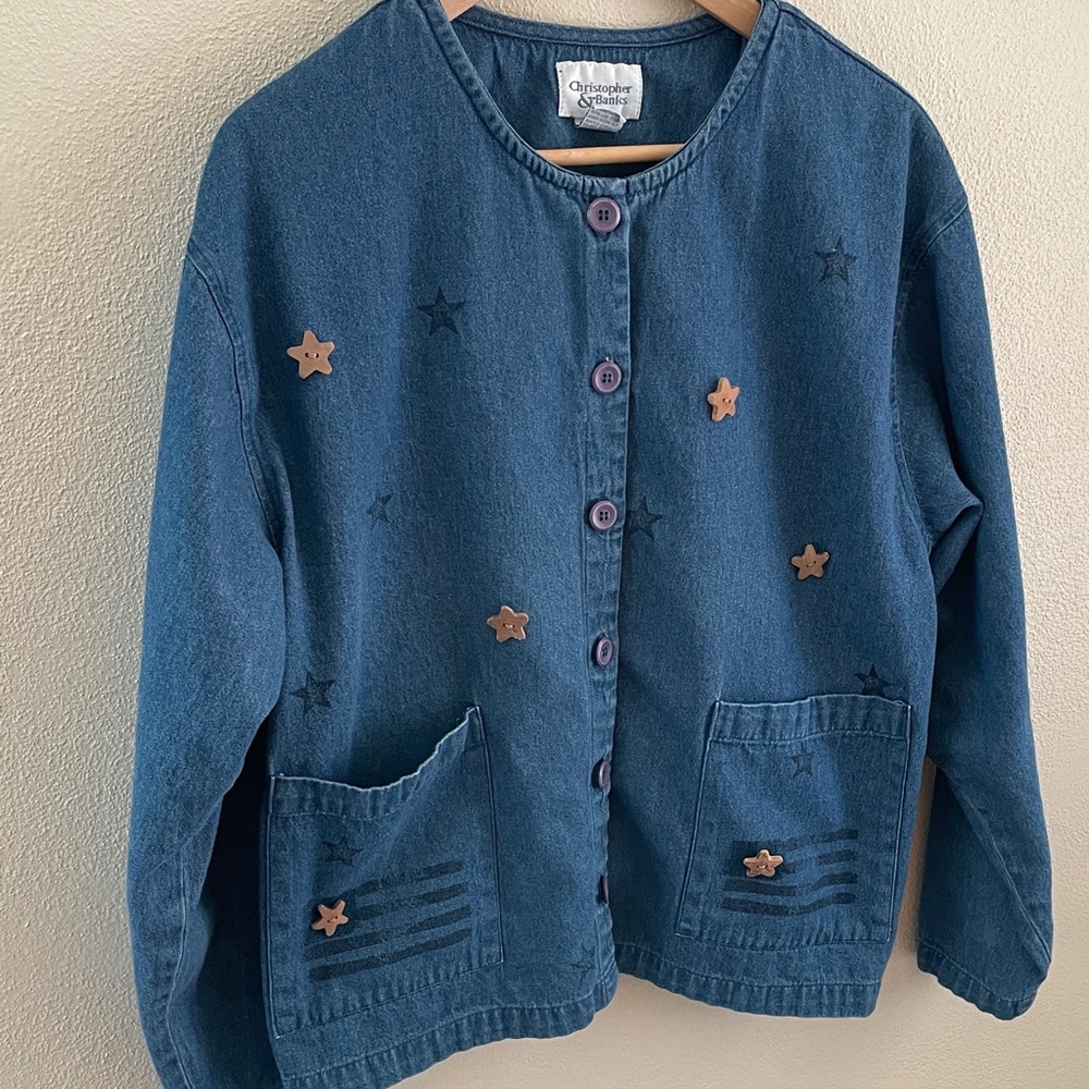 Christopher & Banks button down collarless denim shirt w/star buttons | size L
